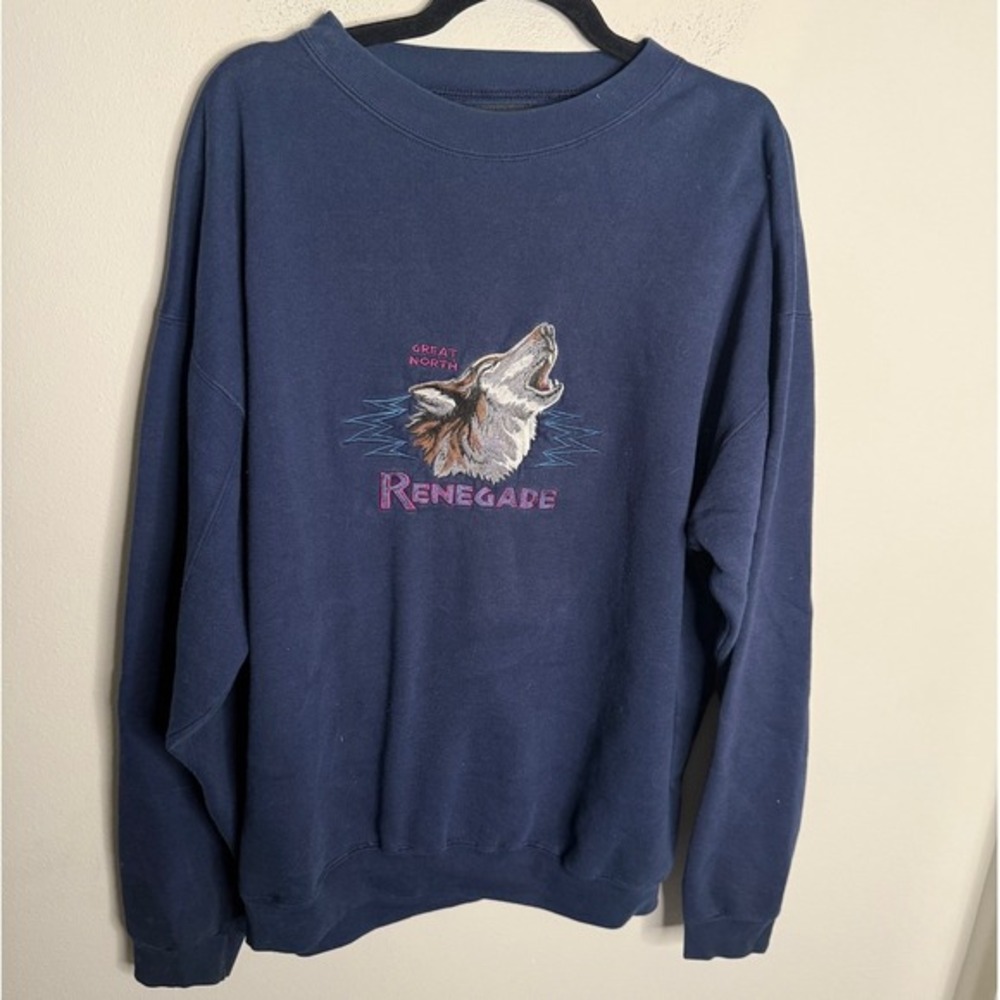 Vintage Headwaters Unisex Large Navy Wolf Embroidered Sweatshirt Casual Retro